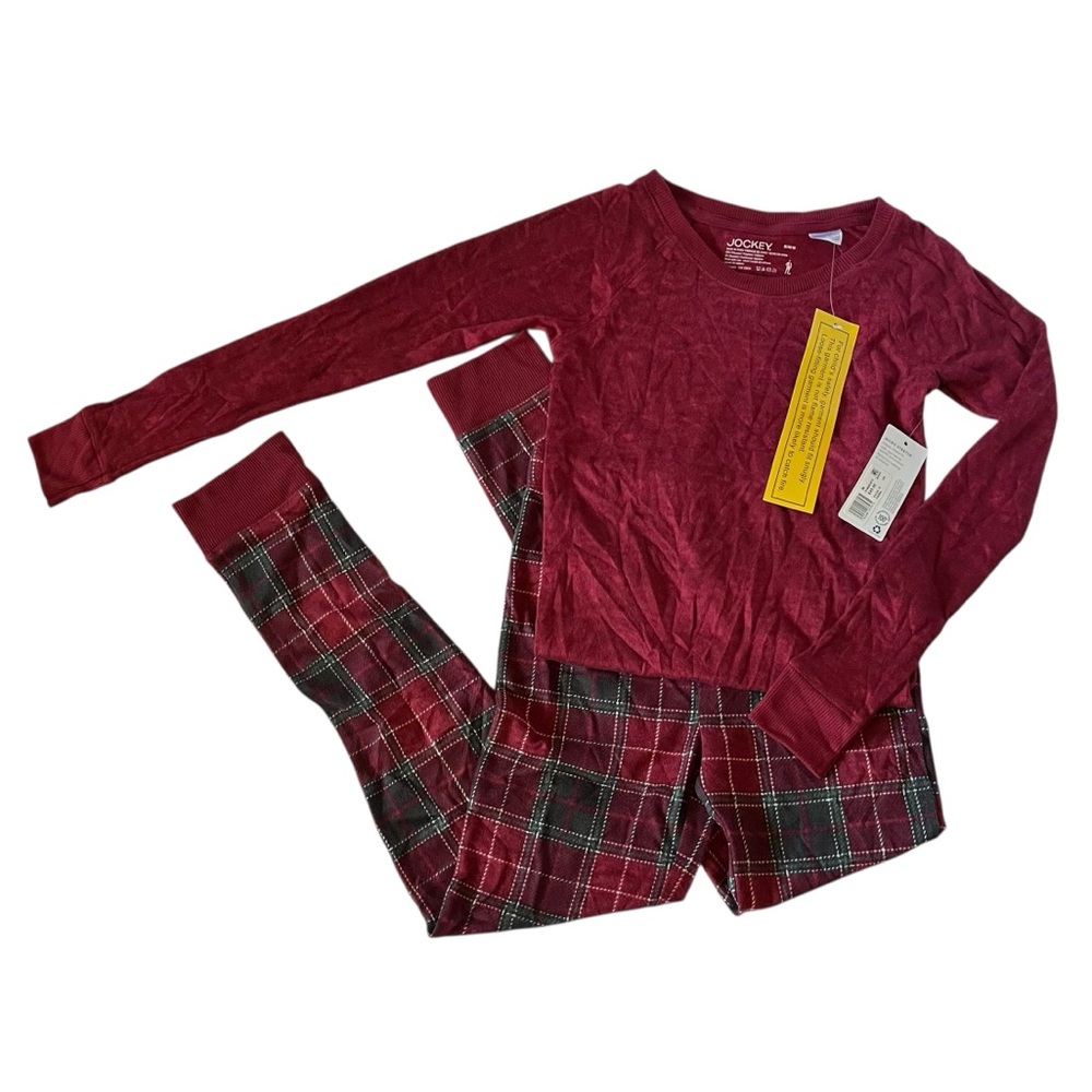 Jockey microstretch cozy loungewear pajama set in dark red and dark green plaid